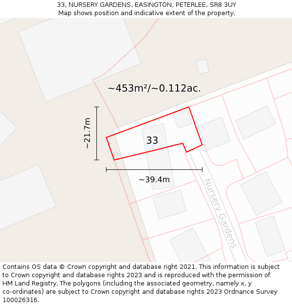 33, NURSERY GARDENS, EASINGTON, PETERLEE, SR8 3UY: Plot and title map