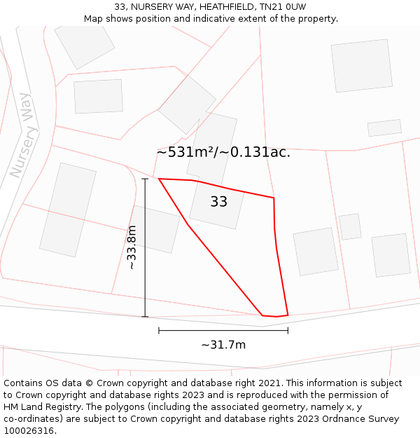 33, NURSERY WAY, HEATHFIELD, TN21 0UW: Plot and title map