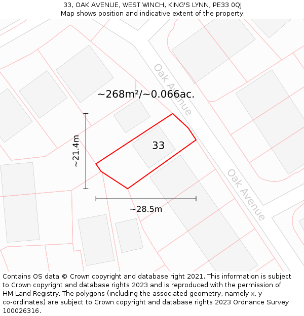 33, OAK AVENUE, WEST WINCH, KING'S LYNN, PE33 0QJ: Plot and title map