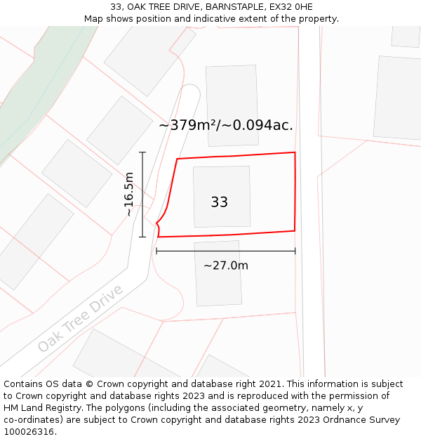 33, OAK TREE DRIVE, BARNSTAPLE, EX32 0HE: Plot and title map