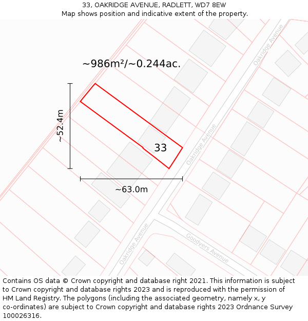 33, OAKRIDGE AVENUE, RADLETT, WD7 8EW: Plot and title map