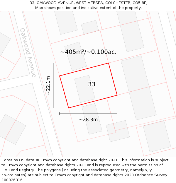33, OAKWOOD AVENUE, WEST MERSEA, COLCHESTER, CO5 8EJ: Plot and title map