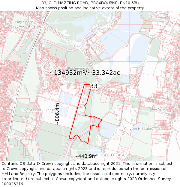 33, OLD NAZEING ROAD, BROXBOURNE, EN10 6RU: Plot and title map