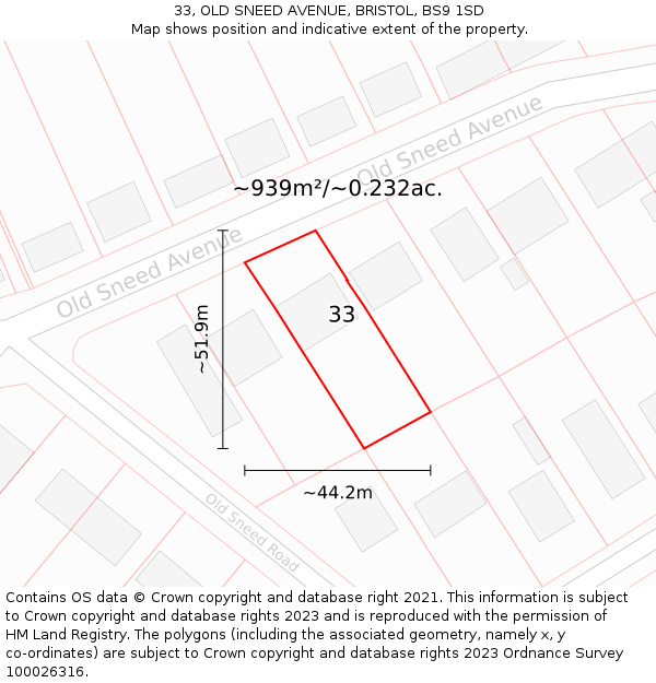 33, OLD SNEED AVENUE, BRISTOL, BS9 1SD: Plot and title map