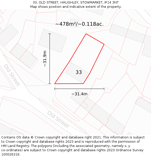 33, OLD STREET, HAUGHLEY, STOWMARKET, IP14 3NT: Plot and title map