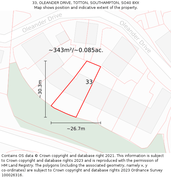 33, OLEANDER DRIVE, TOTTON, SOUTHAMPTON, SO40 8XX: Plot and title map