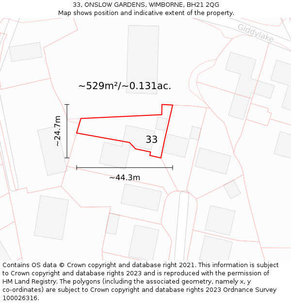 33, ONSLOW GARDENS, WIMBORNE, BH21 2QG: Plot and title map