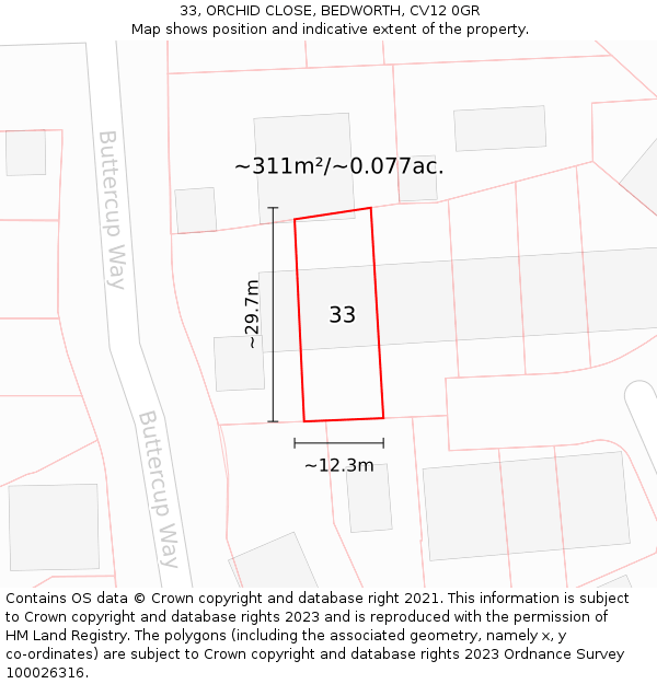 33, ORCHID CLOSE, BEDWORTH, CV12 0GR: Plot and title map