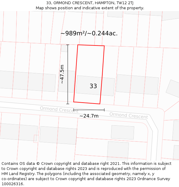 33, ORMOND CRESCENT, HAMPTON, TW12 2TJ: Plot and title map