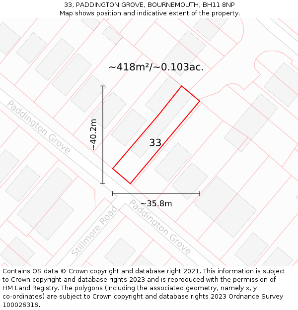 33, PADDINGTON GROVE, BOURNEMOUTH, BH11 8NP: Plot and title map