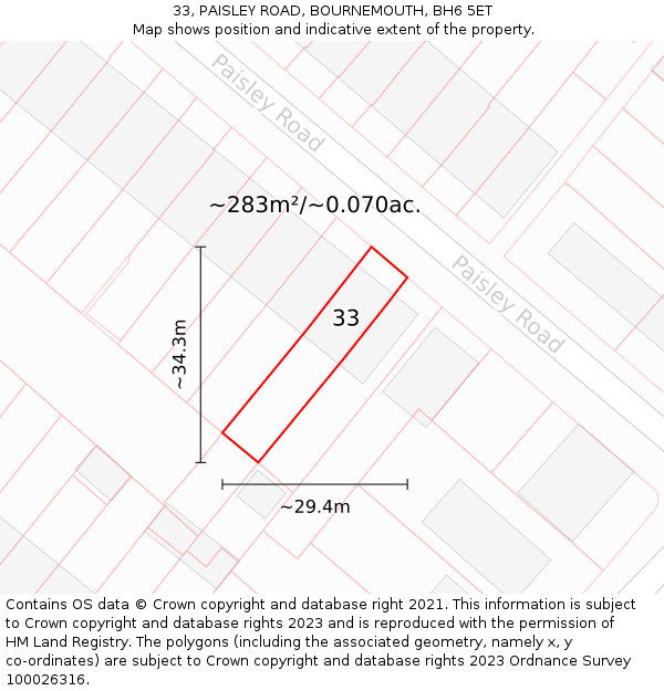 33, PAISLEY ROAD, BOURNEMOUTH, BH6 5ET: Plot and title map