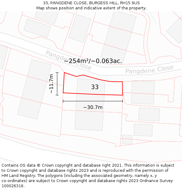 33, PANGDENE CLOSE, BURGESS HILL, RH15 9US: Plot and title map