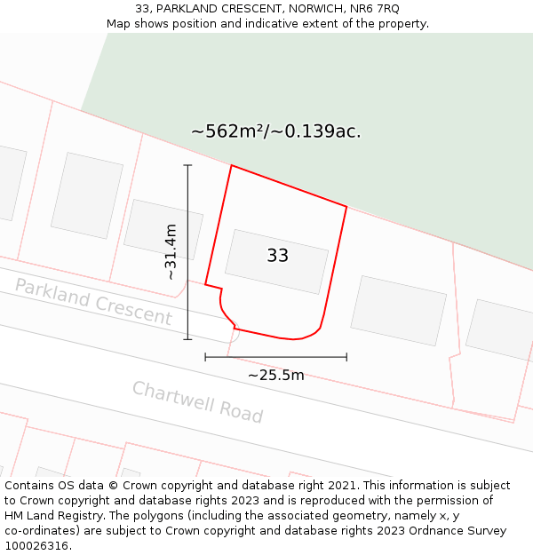 33, PARKLAND CRESCENT, NORWICH, NR6 7RQ: Plot and title map