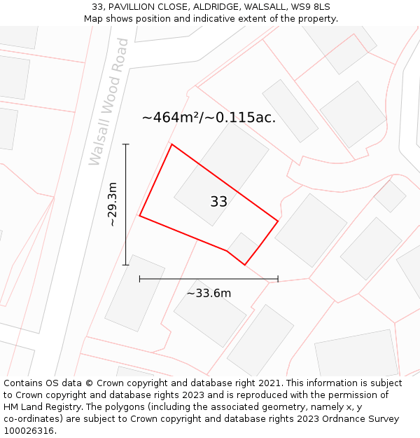 33, PAVILLION CLOSE, ALDRIDGE, WALSALL, WS9 8LS: Plot and title map