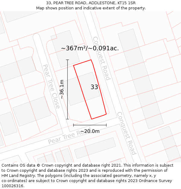 33, PEAR TREE ROAD, ADDLESTONE, KT15 1SR: Plot and title map