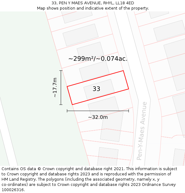 33, PEN Y MAES AVENUE, RHYL, LL18 4ED: Plot and title map