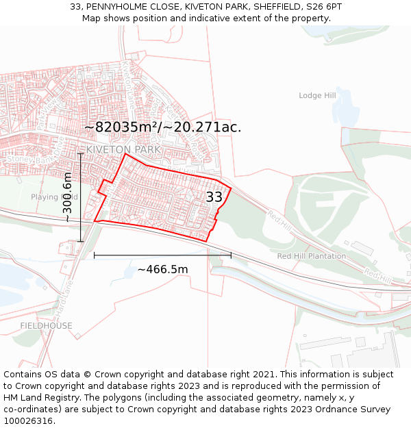 33, PENNYHOLME CLOSE, KIVETON PARK, SHEFFIELD, S26 6PT: Plot and title map