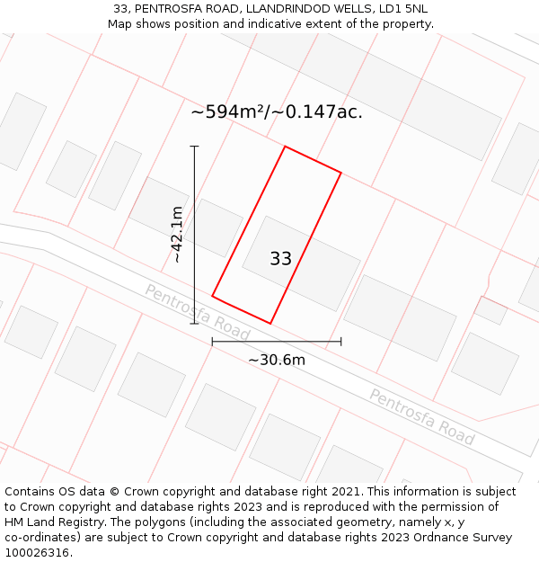 33, PENTROSFA ROAD, LLANDRINDOD WELLS, LD1 5NL: Plot and title map