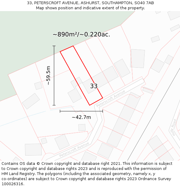 33, PETERSCROFT AVENUE, ASHURST, SOUTHAMPTON, SO40 7AB: Plot and title map