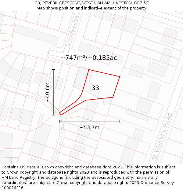 33, PEVERIL CRESCENT, WEST HALLAM, ILKESTON, DE7 6JF: Plot and title map