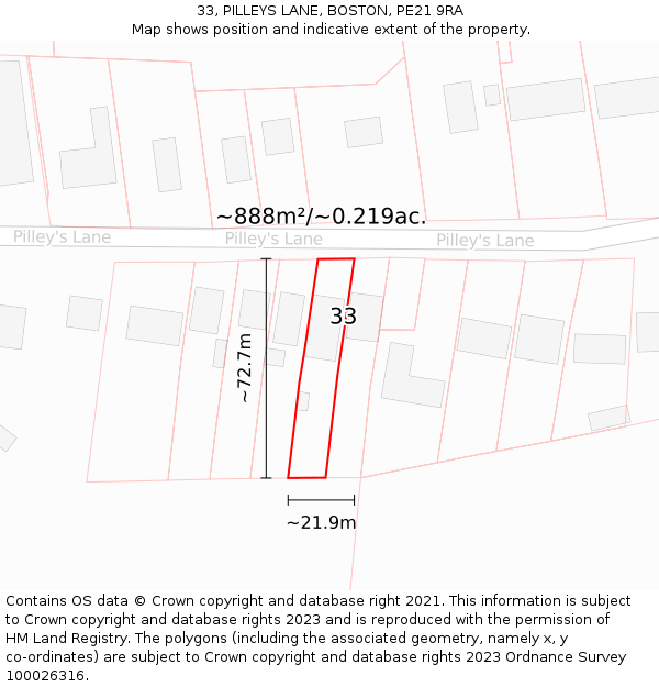 33, PILLEYS LANE, BOSTON, PE21 9RA: Plot and title map