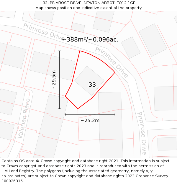 33, PRIMROSE DRIVE, NEWTON ABBOT, TQ12 1GF: Plot and title map