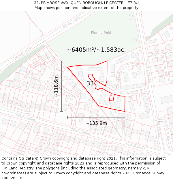 33, PRIMROSE WAY, QUENIBOROUGH, LEICESTER, LE7 3UJ: Plot and title map