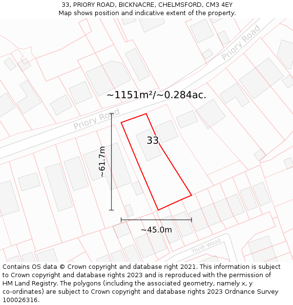 33, PRIORY ROAD, BICKNACRE, CHELMSFORD, CM3 4EY: Plot and title map