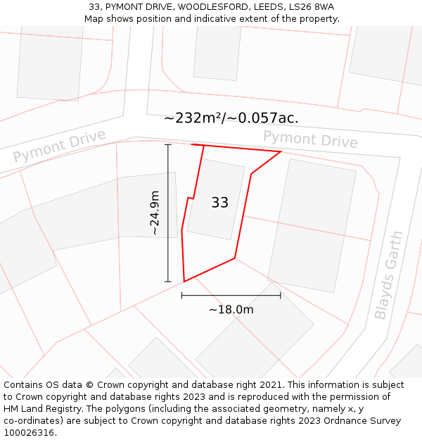 33, PYMONT DRIVE, WOODLESFORD, LEEDS, LS26 8WA: Plot and title map