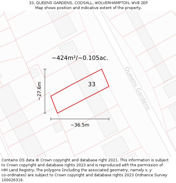 33, QUEENS GARDENS, CODSALL, WOLVERHAMPTON, WV8 2EP: Plot and title map