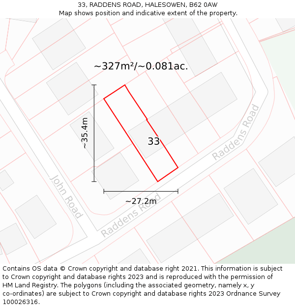 33, RADDENS ROAD, HALESOWEN, B62 0AW: Plot and title map