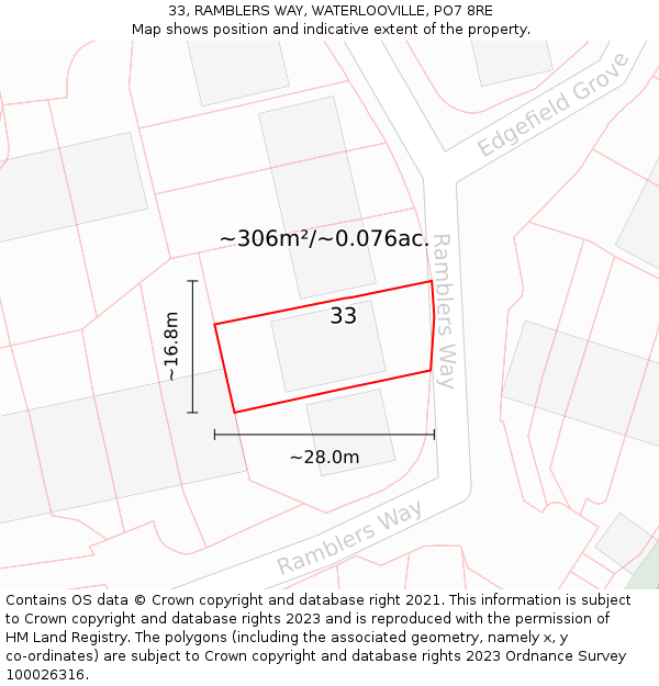 33, RAMBLERS WAY, WATERLOOVILLE, PO7 8RE: Plot and title map