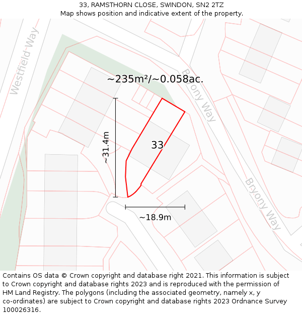 33, RAMSTHORN CLOSE, SWINDON, SN2 2TZ: Plot and title map