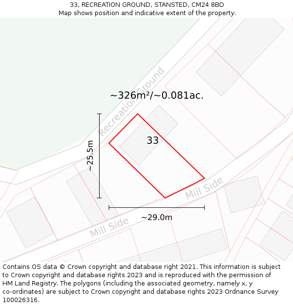 33, RECREATION GROUND, STANSTED, CM24 8BD: Plot and title map