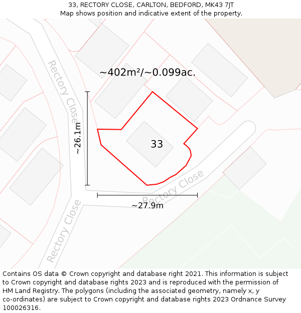 33, RECTORY CLOSE, CARLTON, BEDFORD, MK43 7JT: Plot and title map