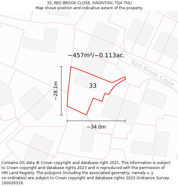 33, RED BROOK CLOSE, PAIGNTON, TQ4 7NU: Plot and title map