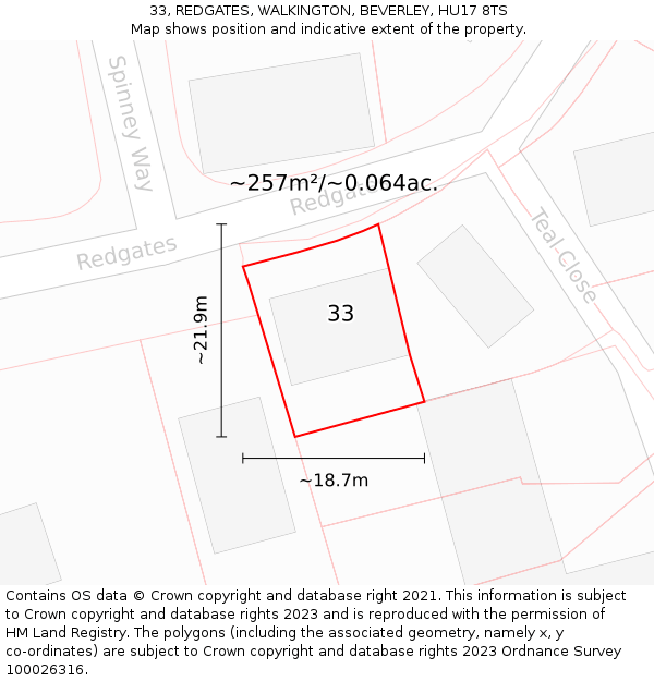 33, REDGATES, WALKINGTON, BEVERLEY, HU17 8TS: Plot and title map