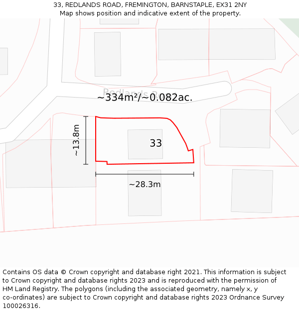 33, REDLANDS ROAD, FREMINGTON, BARNSTAPLE, EX31 2NY: Plot and title map