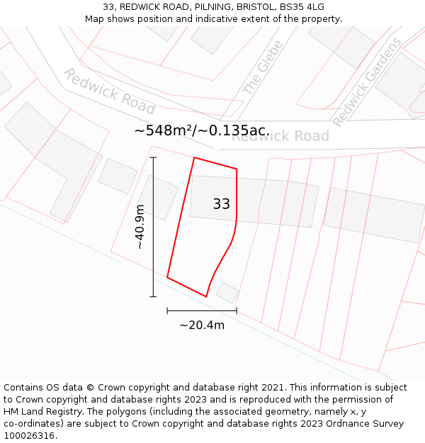 33, REDWICK ROAD, PILNING, BRISTOL, BS35 4LG: Plot and title map