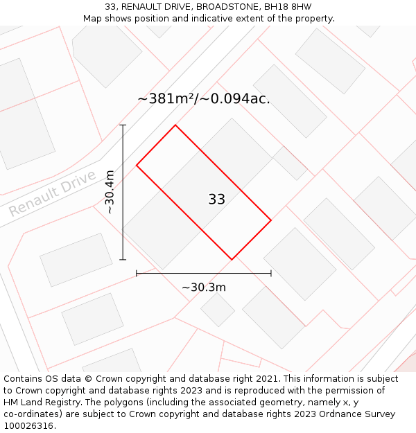 33, RENAULT DRIVE, BROADSTONE, BH18 8HW: Plot and title map