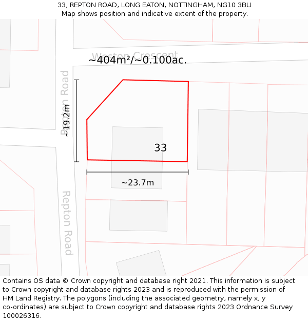 33, REPTON ROAD, LONG EATON, NOTTINGHAM, NG10 3BU: Plot and title map