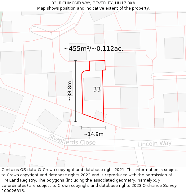 33, RICHMOND WAY, BEVERLEY, HU17 8XA: Plot and title map