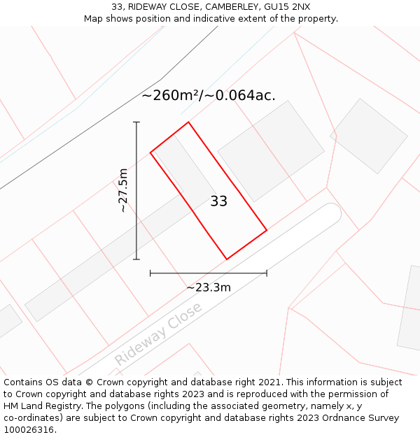 33, RIDEWAY CLOSE, CAMBERLEY, GU15 2NX: Plot and title map