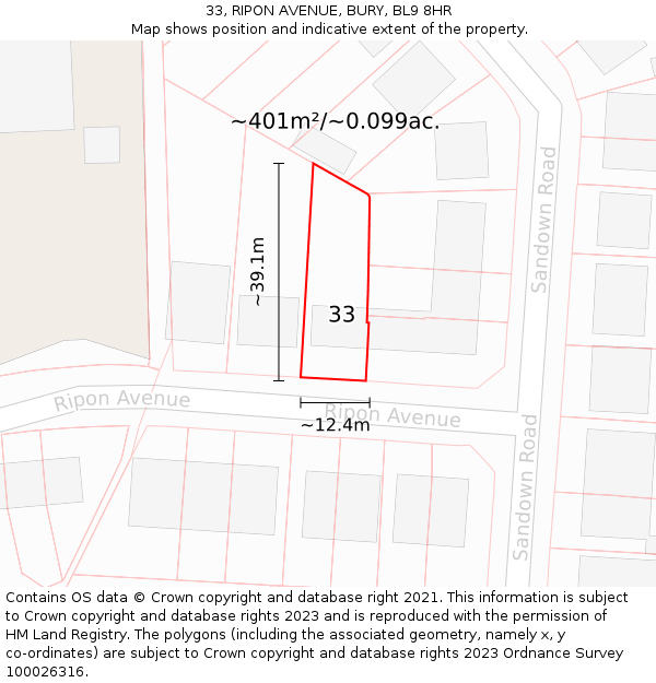 33, RIPON AVENUE, BURY, BL9 8HR: Plot and title map