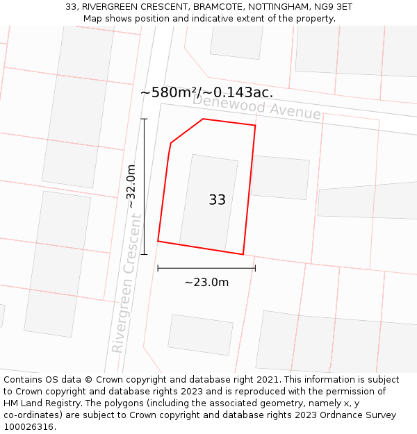33, RIVERGREEN CRESCENT, BRAMCOTE, NOTTINGHAM, NG9 3ET: Plot and title map