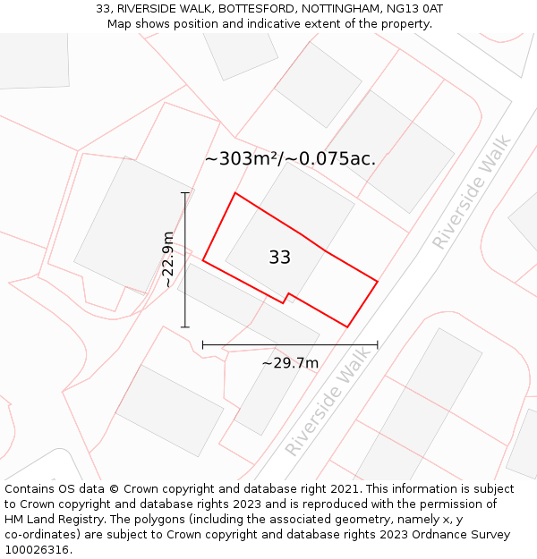 33, RIVERSIDE WALK, BOTTESFORD, NOTTINGHAM, NG13 0AT: Plot and title map