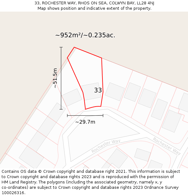 33, ROCHESTER WAY, RHOS ON SEA, COLWYN BAY, LL28 4NJ: Plot and title map