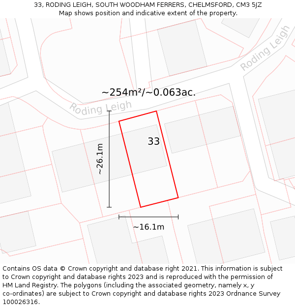 33, RODING LEIGH, SOUTH WOODHAM FERRERS, CHELMSFORD, CM3 5JZ: Plot and title map