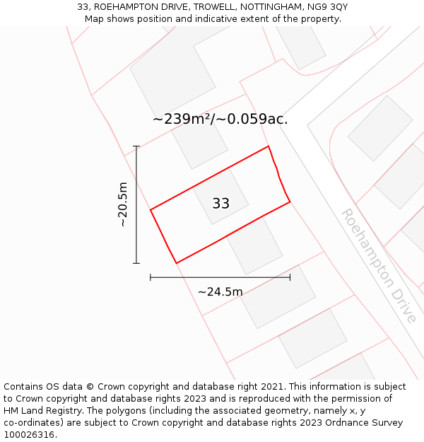 33, ROEHAMPTON DRIVE, TROWELL, NOTTINGHAM, NG9 3QY: Plot and title map