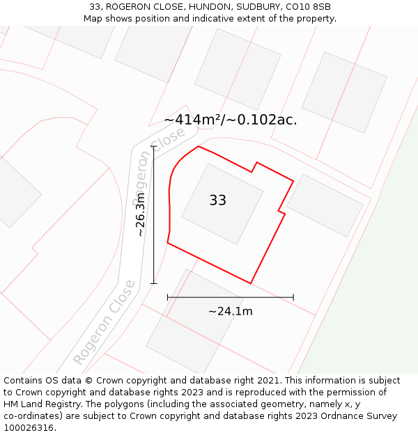 33, ROGERON CLOSE, HUNDON, SUDBURY, CO10 8SB: Plot and title map